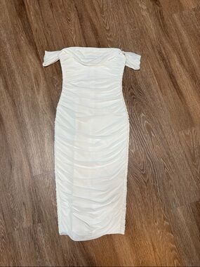 White Off-Shoulder Ruched Midi Dress